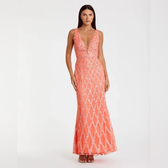 MAC DUGGAL Pink Sequined Plunge Neck Sleeveless Column Gown in Coral 8 - Picture 1 of 12
